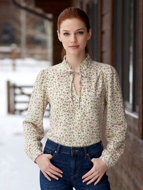CUPCAKES CASHMERE Blouse Top Floral V Neck Tie Pink Green Ruffles Small